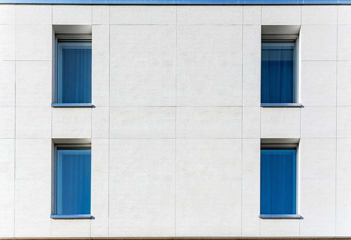 Clean modern building facade with precise rectangular window grid and a green metal trim band