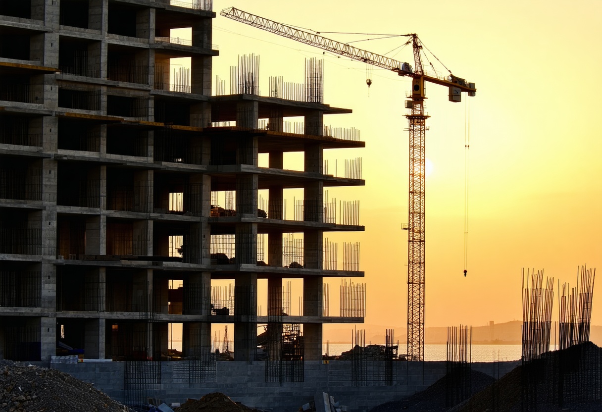 Altın saatte inşaat sahası, beton ve çelik yapı, vinç siluetleri