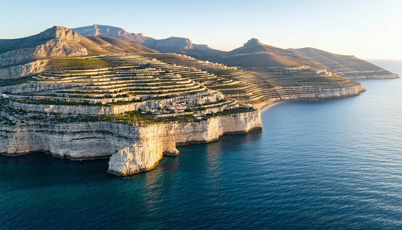 Aerial view of a Mediterranean coastal zone at golden hour with terraced hillside, deep blue water and pale limestone