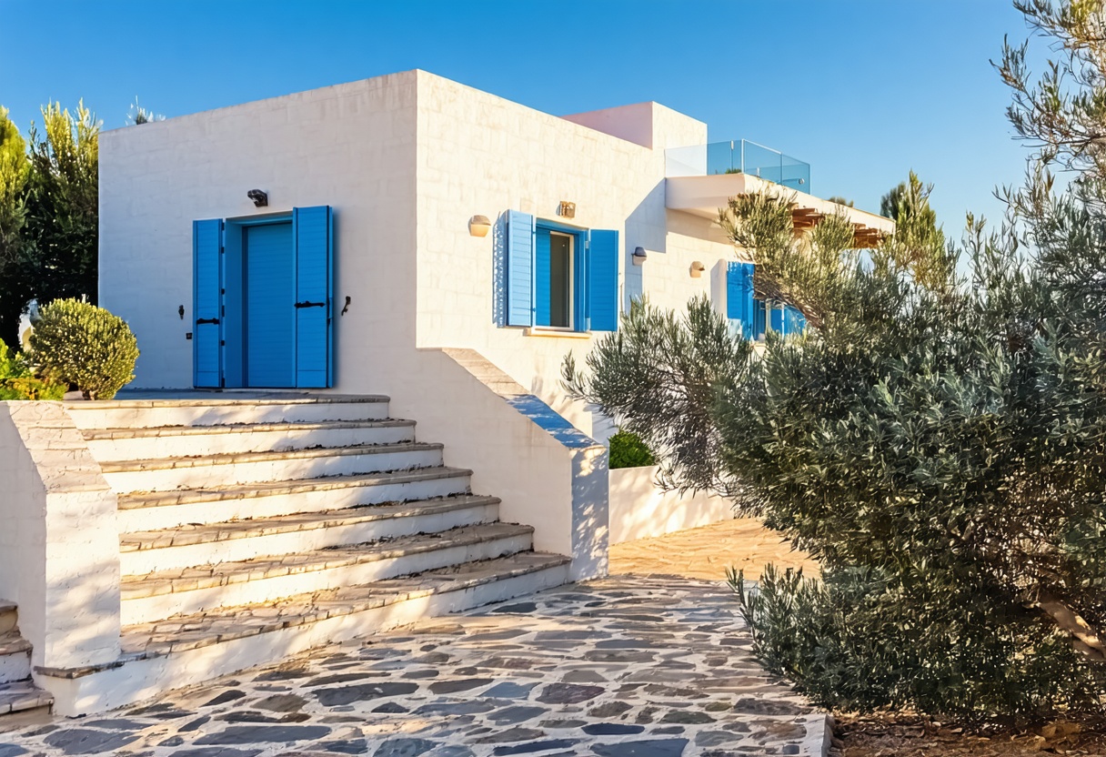 Modern Mediterranean coastal residence with off-white walls, blue shutters and a stone terrace among olive trees