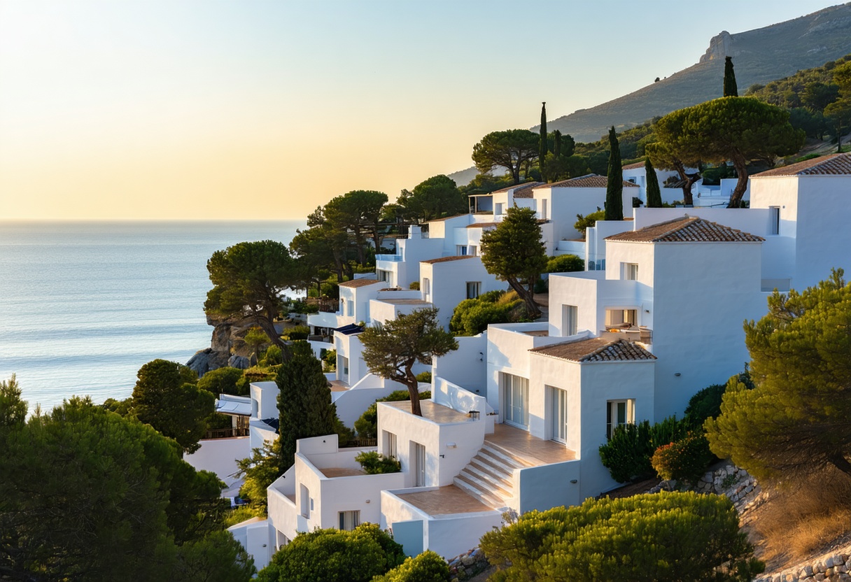 Low aerial view of white villas with terracotta roofs stepping down a hillside to a deep blue sea